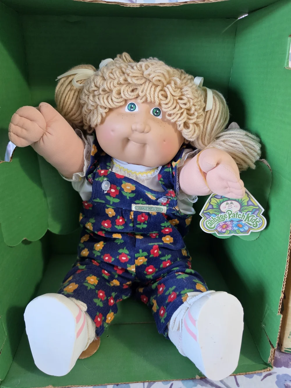 Cabbage Patch Kids 1980s Blonde Curly Hair, Flower Overalls Doll in Original Box